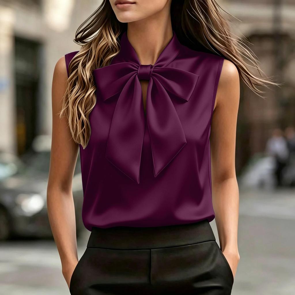 Sleeveless Satin Blouse for Women with Bow Tie Neck Elegant Casual Office Top Soft Fabric Stylish Fit Suitable for Various Occasions