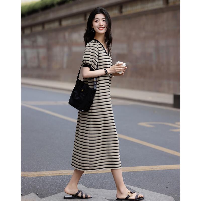 Demana Women's Summer V-Neck Striped Puff Sleeve Knit Dress