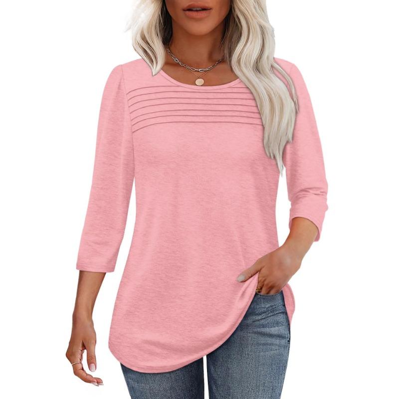 Autumn Round Neck Seven Quarter Sleeve Pleated Top Women's T-shirts