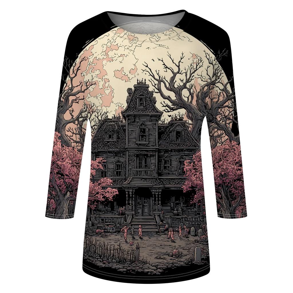 Women's Fashion Casual Round Neck Three-quarter Sleeve Halloween Printed T-shirt Top