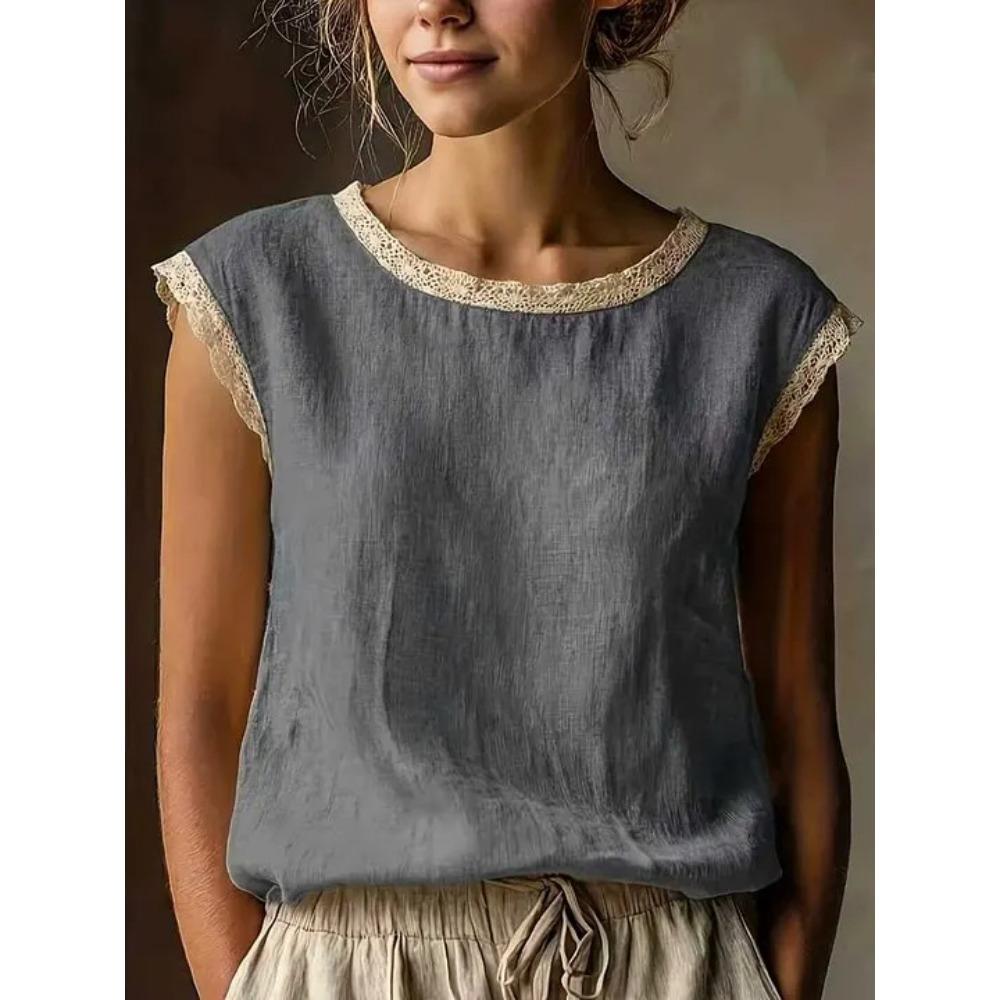 Summer New Lace Trim Women Sleeveless Round Neck Pullover Thin Fashion Top S серый