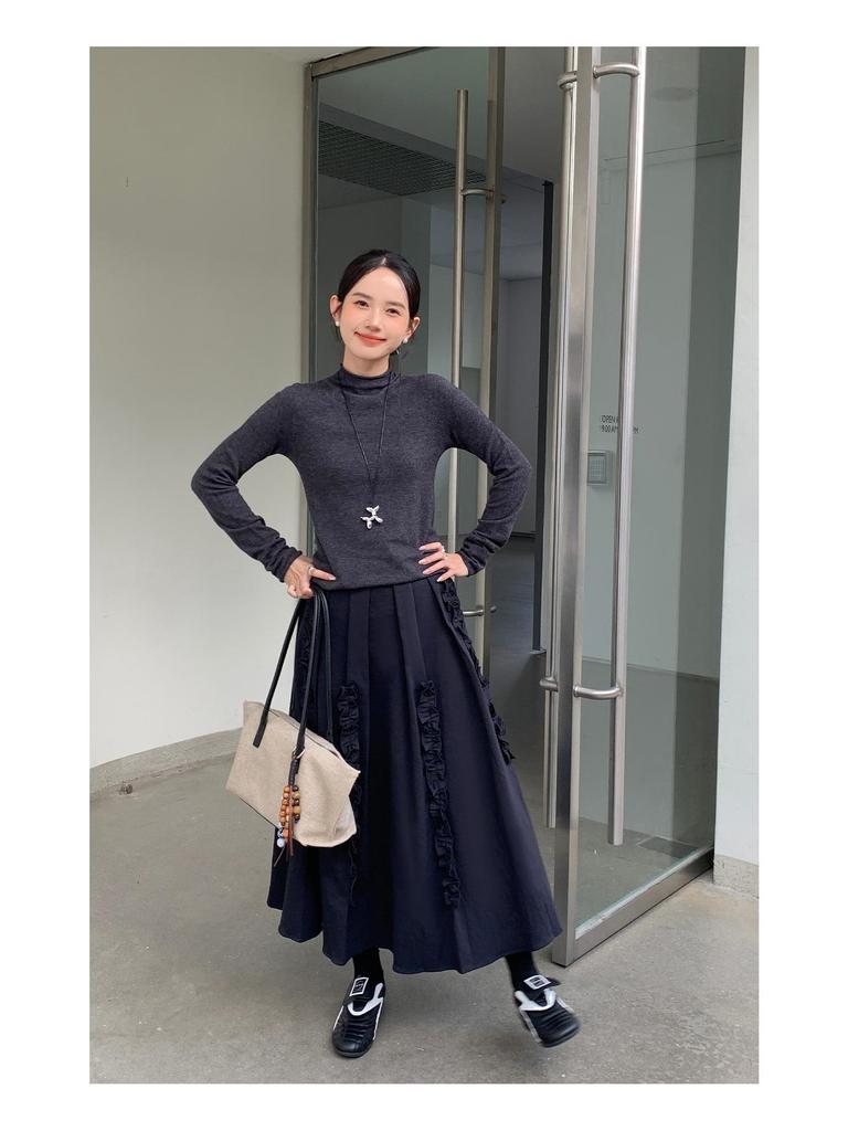 Jiu'er Elegant Korean High-Waisted Lace Pleated Skirt 0714