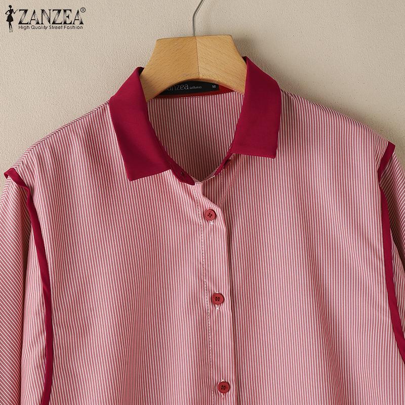 ZANZEA Women Turn Down Collar Loose Casual 3/4 Sleeve Stripe Blouse