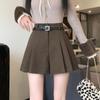 Woolen High-Waist Wide-Leg A-Line Shorts for Women, Petite Fit, Coffee Color, Perfect for Autumn and Winter