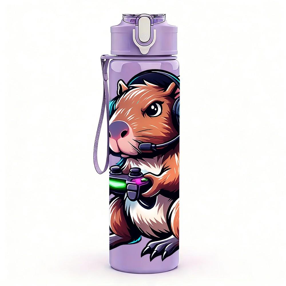1PC Cute Beaver Backpack Cartoon Print 750ml Color Plastic Sports Water Bottle Leakproof Flip Straw Lid Suitable for Sports Office Home Use