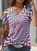 2025 New Summer Women's Cat Paw Color Print T-shirt V-neck Short Sleeve Street Casual Daily Basic Tops