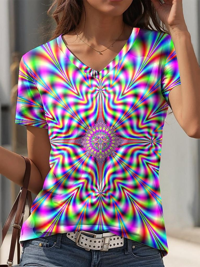 2025 New Summer Women's Cat Paw Color Print T-shirt V-neck Short Sleeve Street Casual Daily Basic Tops