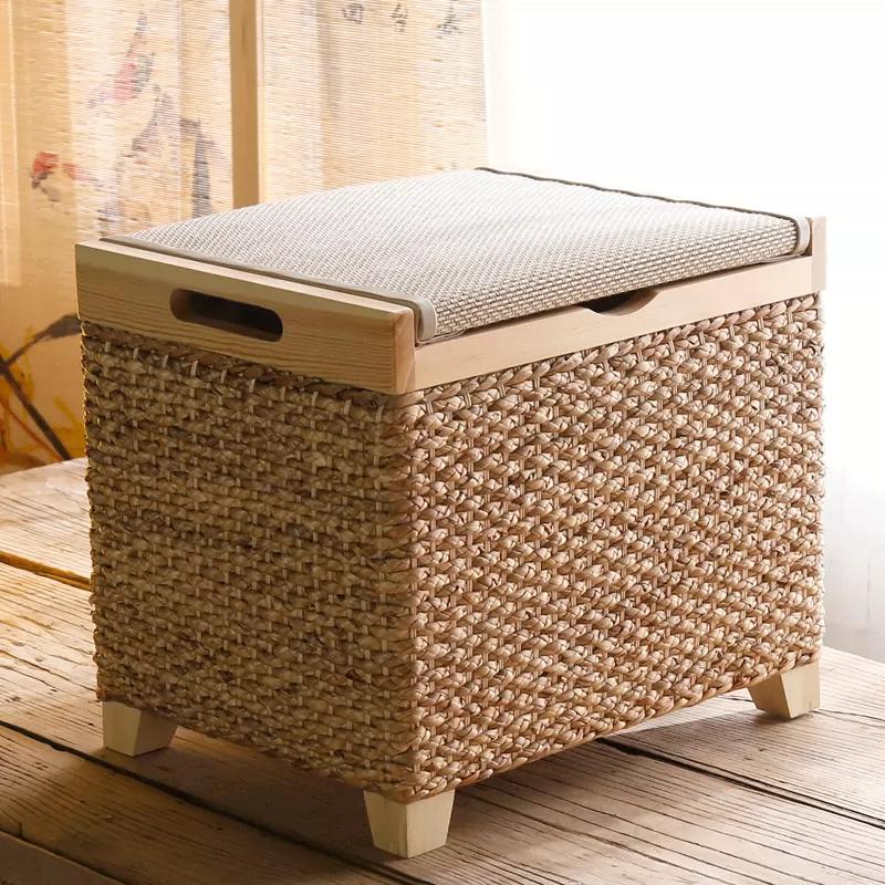 Nordic Rattan Storage Stool, Bench with Storage for Entryway, Footrest Ottoman for Living Room Bedroom, Multi-Functional Seating