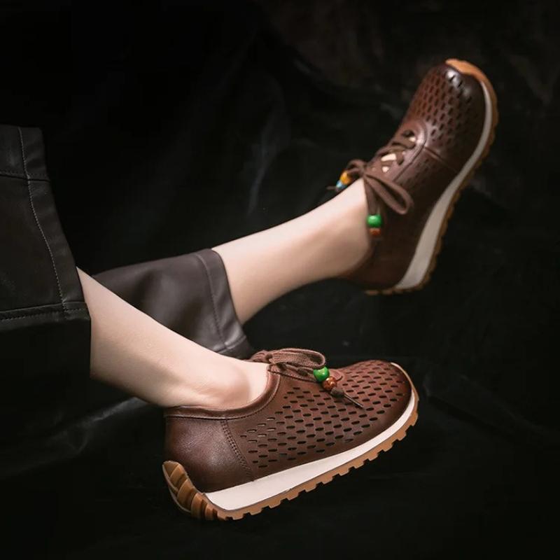 Johnature Genuine Leather Hollow-out Breathable Casual Shoes Lightweight Versatile Lace Up Women's Flat Shoes