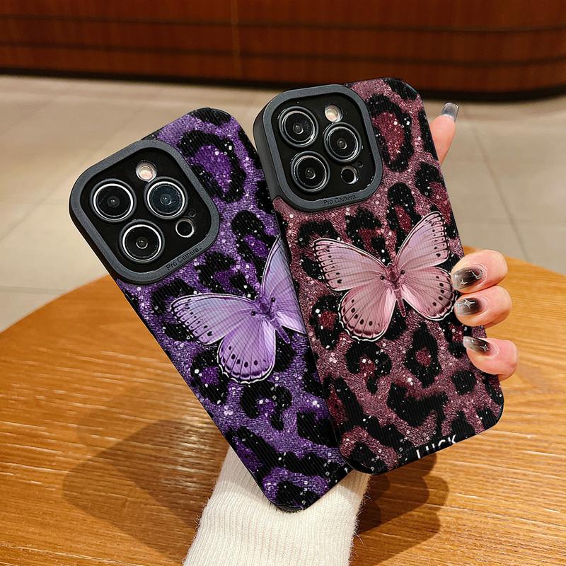 Vertical Grain Leather Shell Butterfly Printed Patterned Shockproof Soft Silicone Case with Camera Lens Full Protection for iPhone