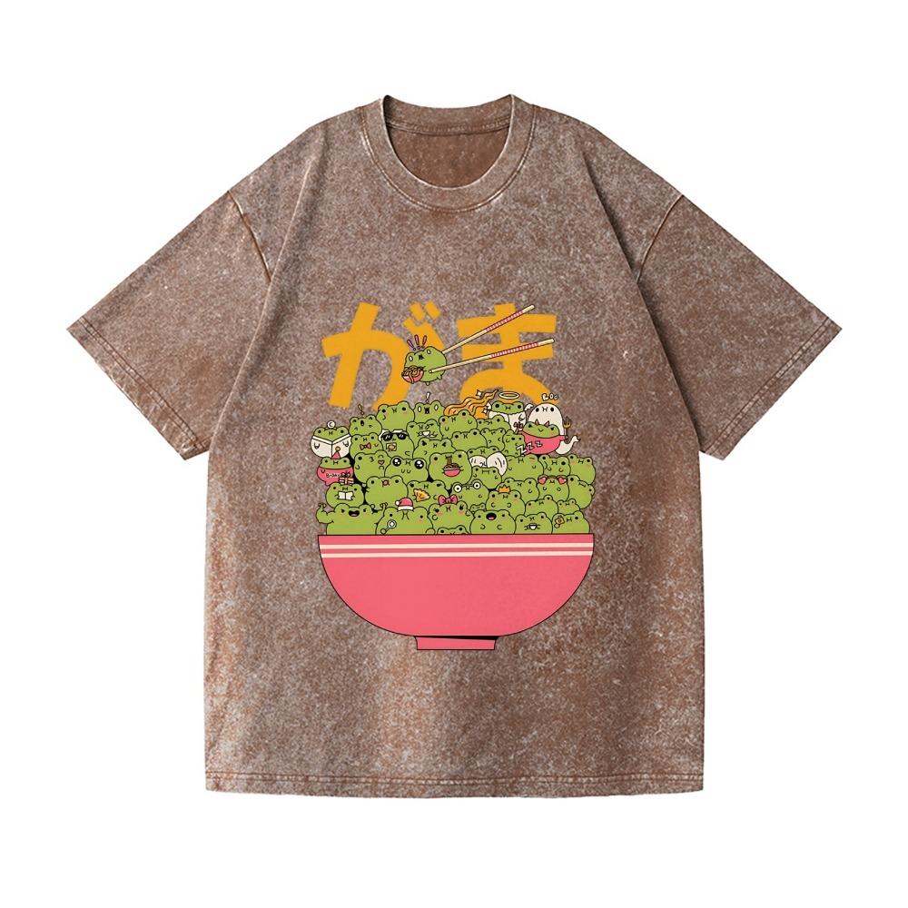 Fashion Unisex Cotton Washed T-shirt Vintage Frog Bowl Japanese Design Tees Casual Loose Short Sleeve Harajuku Sports Tops