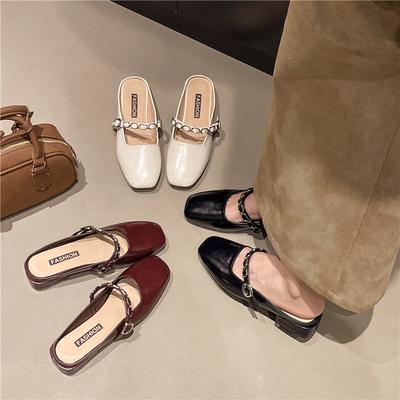 2025 Spring and Summer Fashion Chain Thick Heel Single Shoes Low Heel Chain with Skirt Retro Half Slippers Women's New Outer Wear