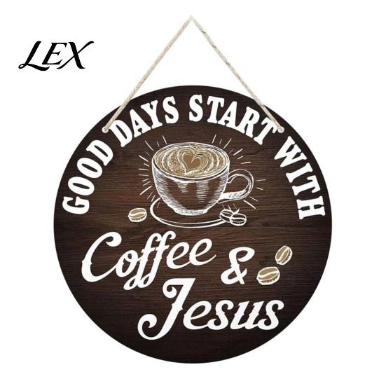 Coffee Shop Wall Art Wooden Bar Signs, Rustic Themed Hanging Sign, Cup Vintage Style Kitchen Shape & Round Wood Plaque for Farmhouse Decor
