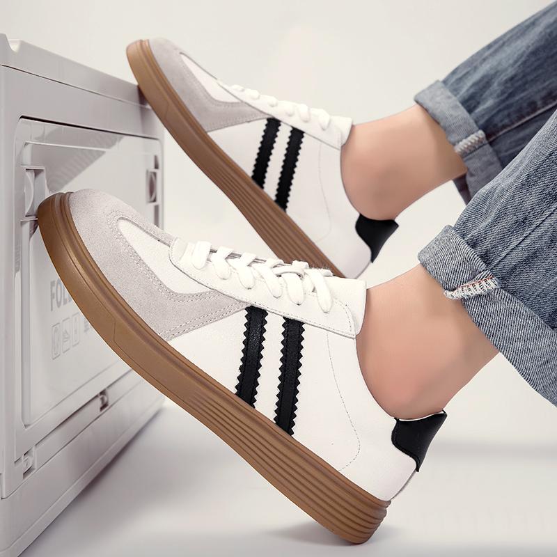Men'S Beige Black Striped Retro Sneakers Leather Suede Casual Platform Skate Shoes Non-Slip Comfortable Trainers