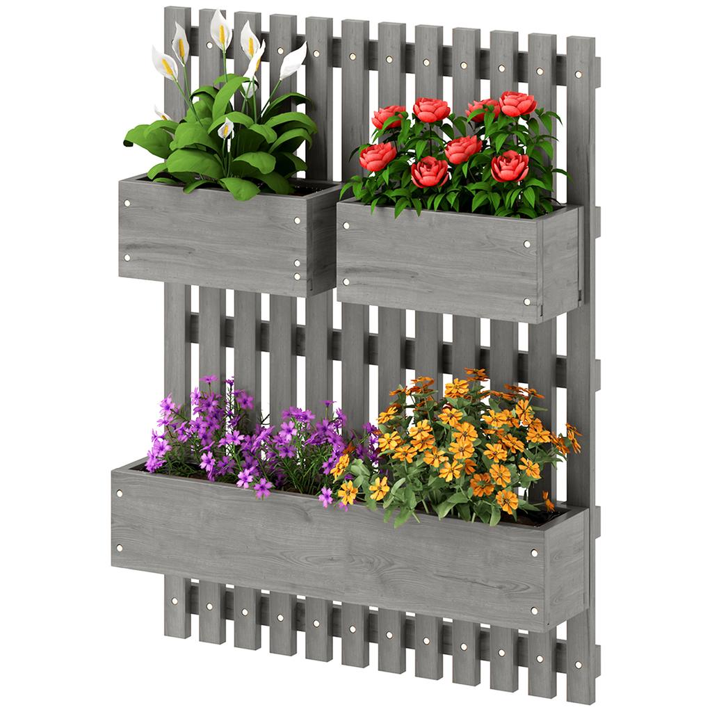Wall-mounted Wooden Garden Planters with Trellis, Drainage Holes and 3 Planter Boxes for Patio, Grey