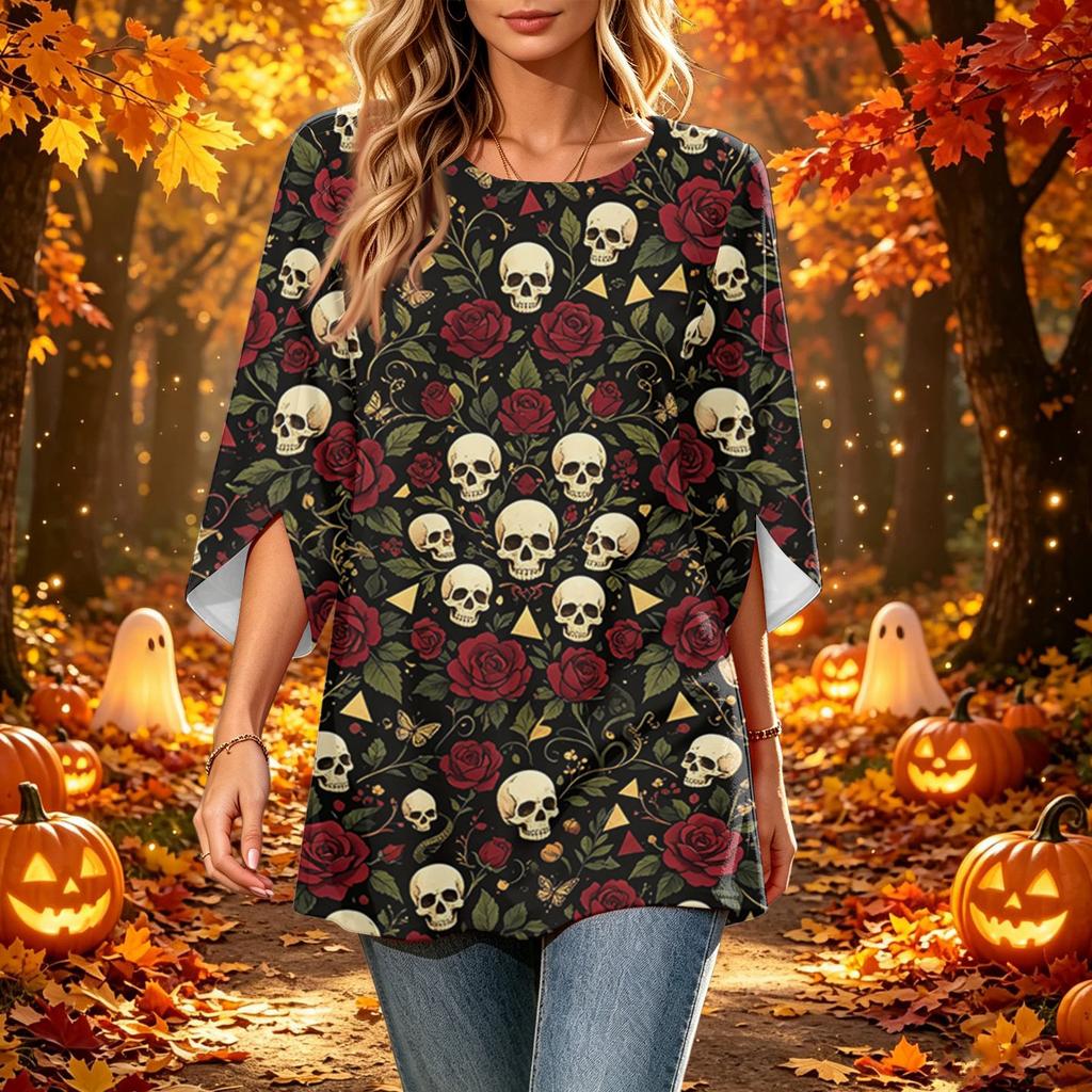 Women's Casual Loose Fit Three-Quarter Sleeve Neck Top with Halloween Print