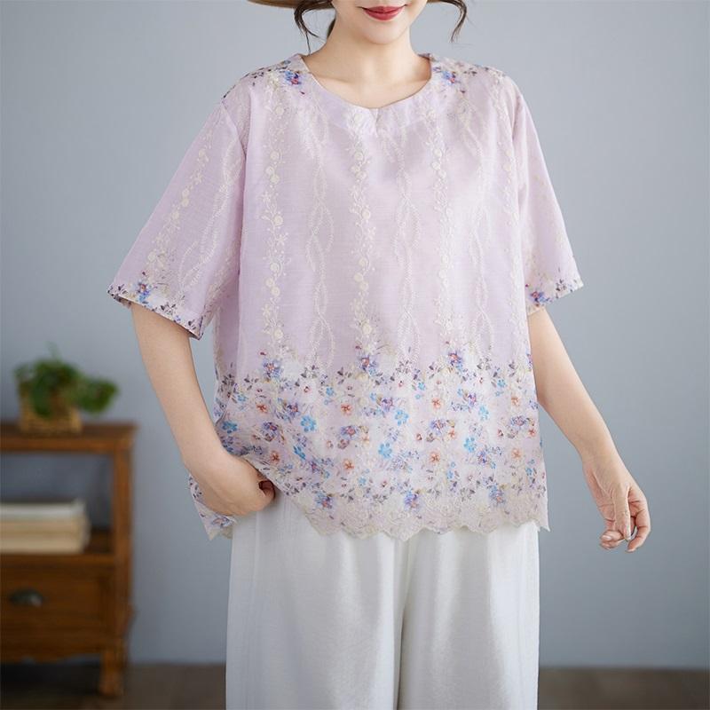 Short sleeve Oversized cotton vintage floral Casual loose t shirt tops Women summer t-shirt