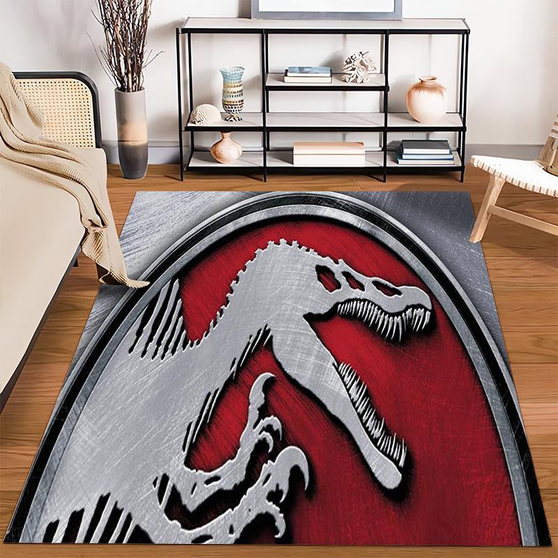 Red and Silver Dinosaur Skeleton Logo Pattern Carpet with Metallic Textured Design" Suitable for use as an anti-slip1 for1room and bedroom sofas