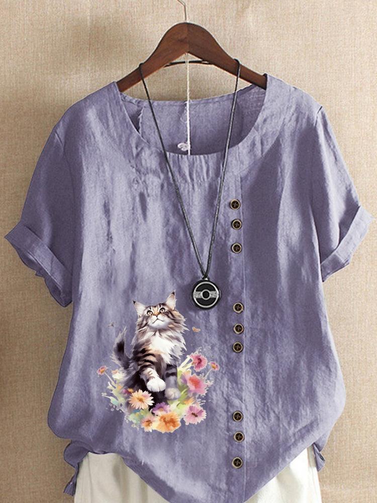 Women's Fashion Floral Cat Print Round Neck Short Sleeve T-shirt Casual Cotton Linen Graphic Shirt Leisure Loose Summer Blouse Tops