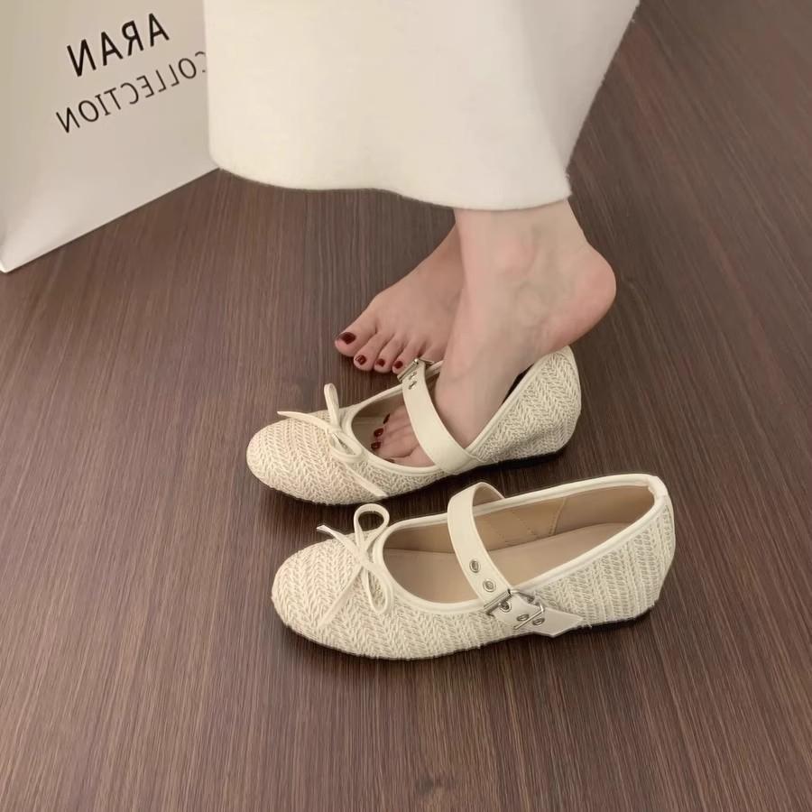 Night Wind Heightening Woven Single Shoes Women's Shoes One-word Buckle with Round Head Mary Jane Shoes Bow Ballet Shoes