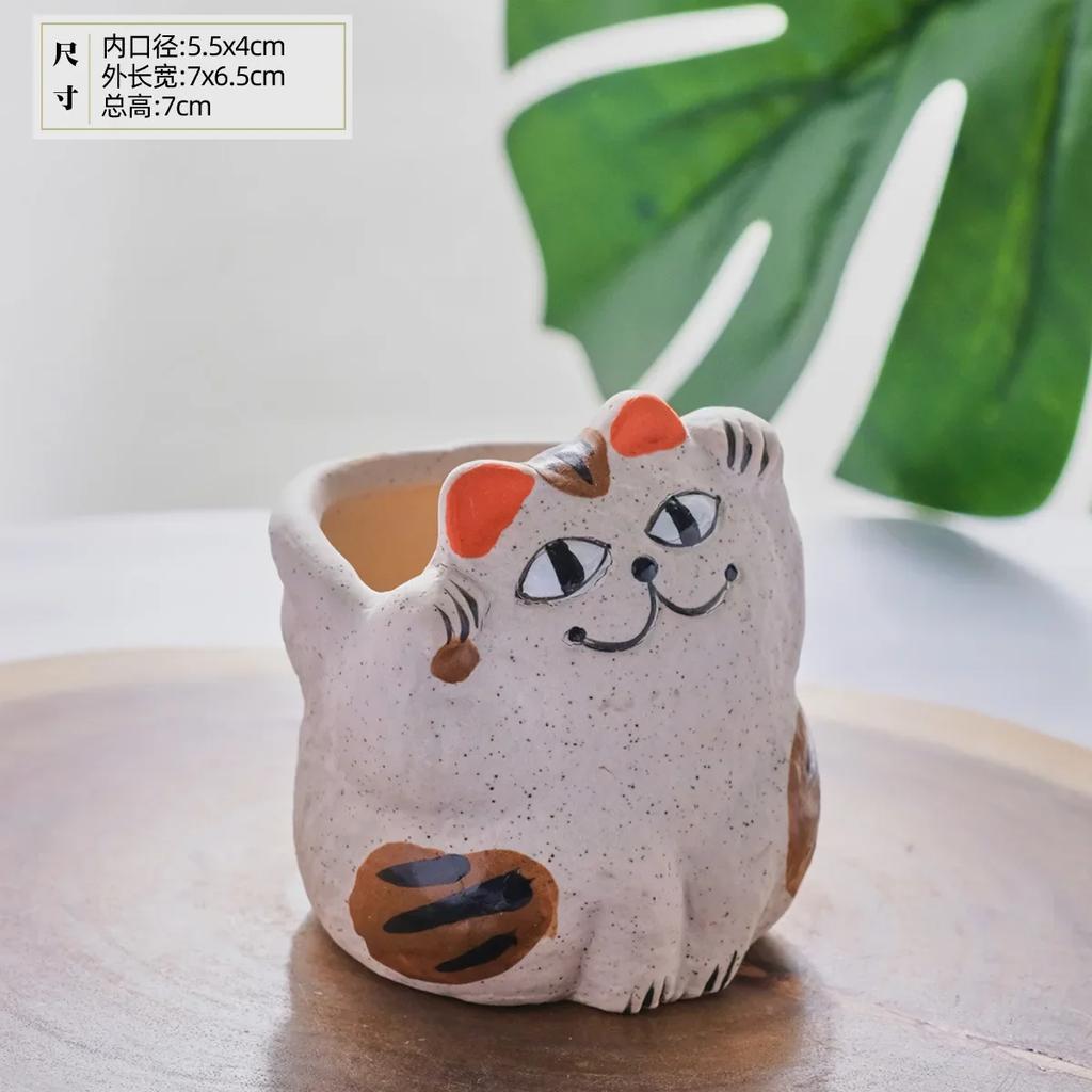 Fortune Cat Ceramic Succulent Flower Pot Home Balcony Desktop Decoration Animal Flower Pots with Leakage Holes Cactus Planter