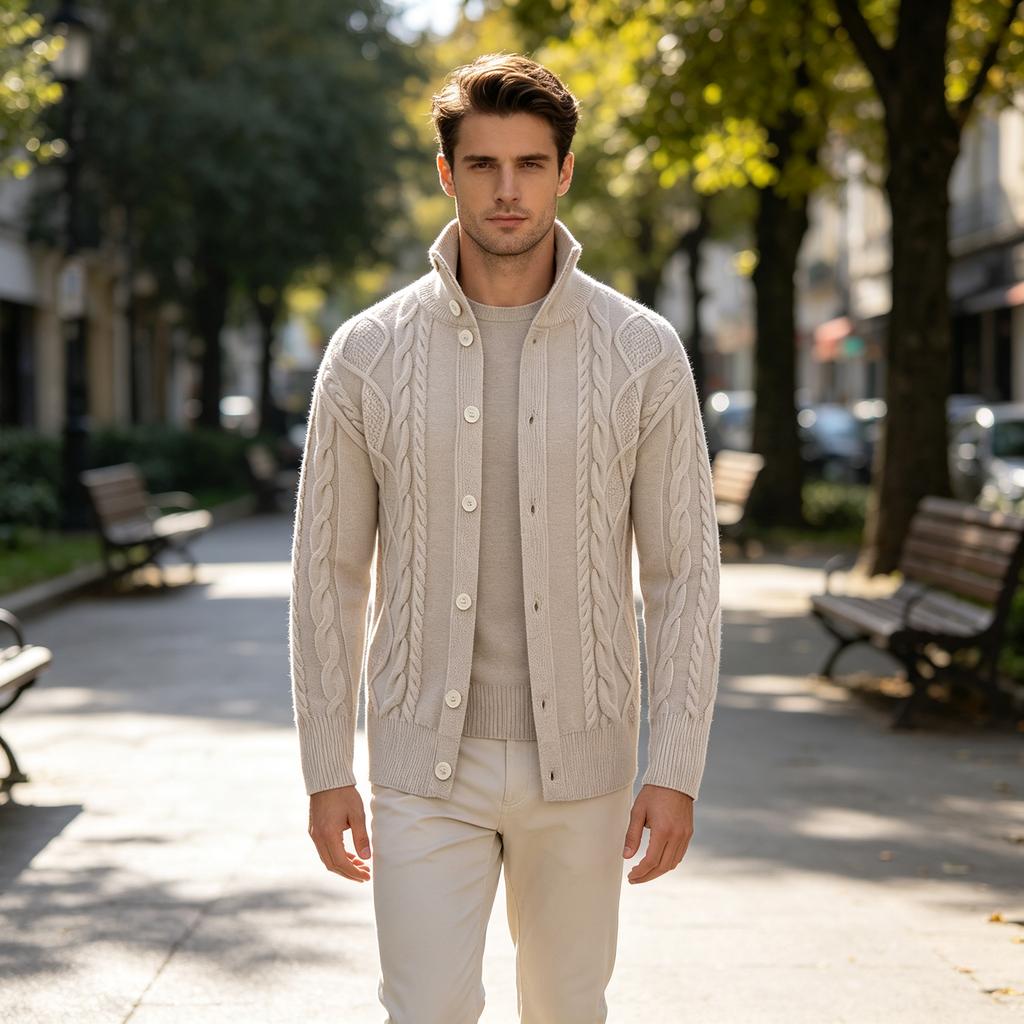 Men's Fall Winter Loose Fit Thick Knit Cardigan Sweater with Lapel Collar for Casual Layering