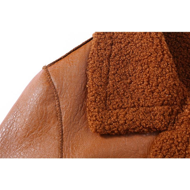 Winter mittellange samtverdickte Anzugkragen Reversible lose PU-Lederjacke für Damen