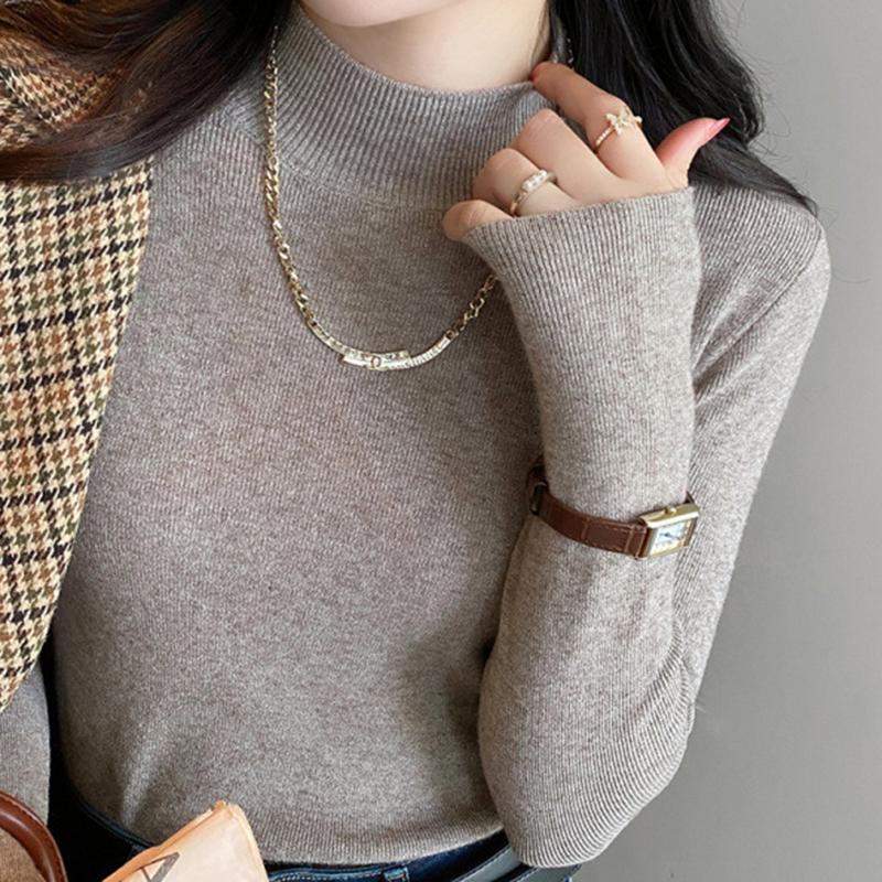 

Ladies Autumn Winter Long Sleeve High Collar Slim Fit Basic Solid Color Pullover Knitted T Shirt Top for Layering one size