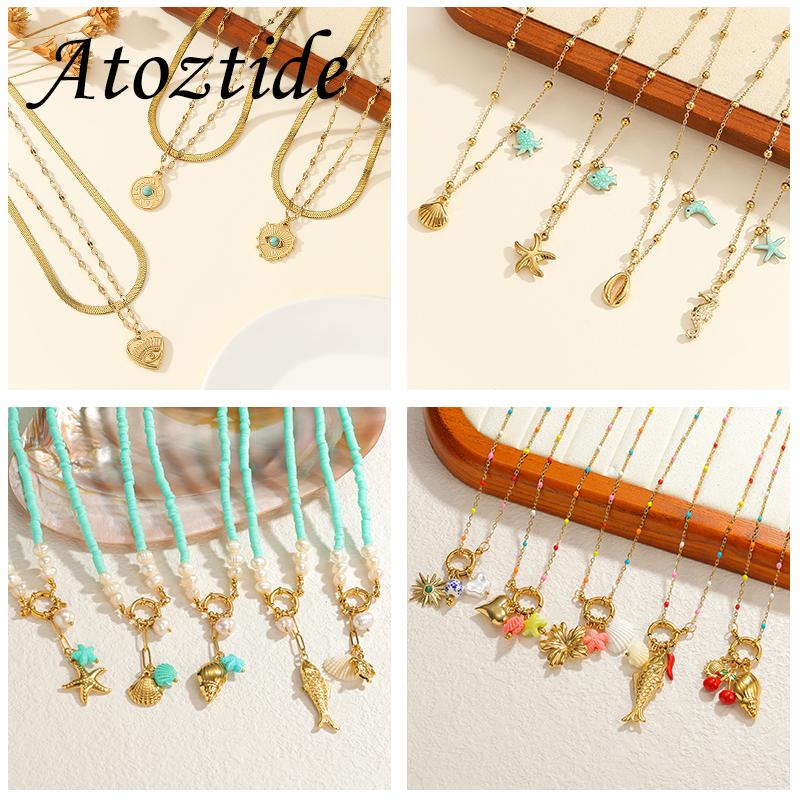 Atoztide Fashion Bohemian Style Ocean Series Pendant Necklace for Women Stainless Steel Multiple Styles Necklace Jewelry Gift