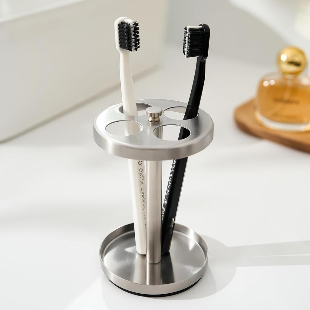 Black Stainless Toothbrush Holder Stand: Rustproof Bathroom Countertop Organizer, 4 Ventilated Slots Hold Manual Toothbrushes, Razor