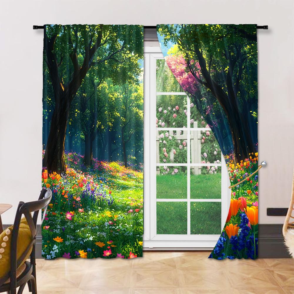 Versatile Polyester Transparent Curtains Home Decoration Spring Flower Use Bedrooms Living Rooms Curtain Set Of 2 Made Washable Great Room Ready