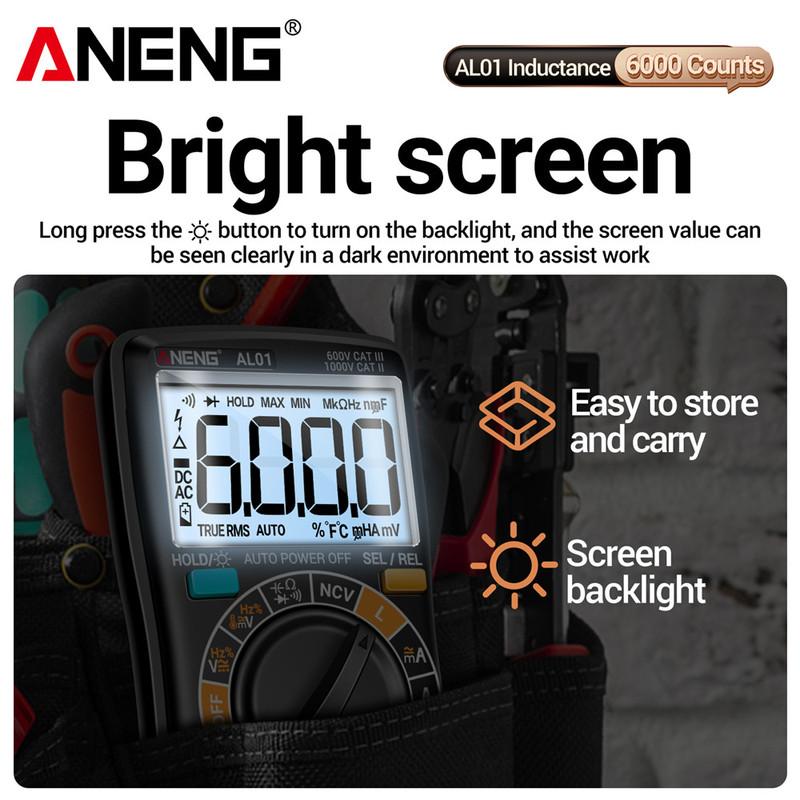 Coil Inductance Multimeter Duty Cycle Hz Tester ANENG AL01 6000 Counts NCV Temperature Meter True-RMS Voltage Pro Tester Tools
