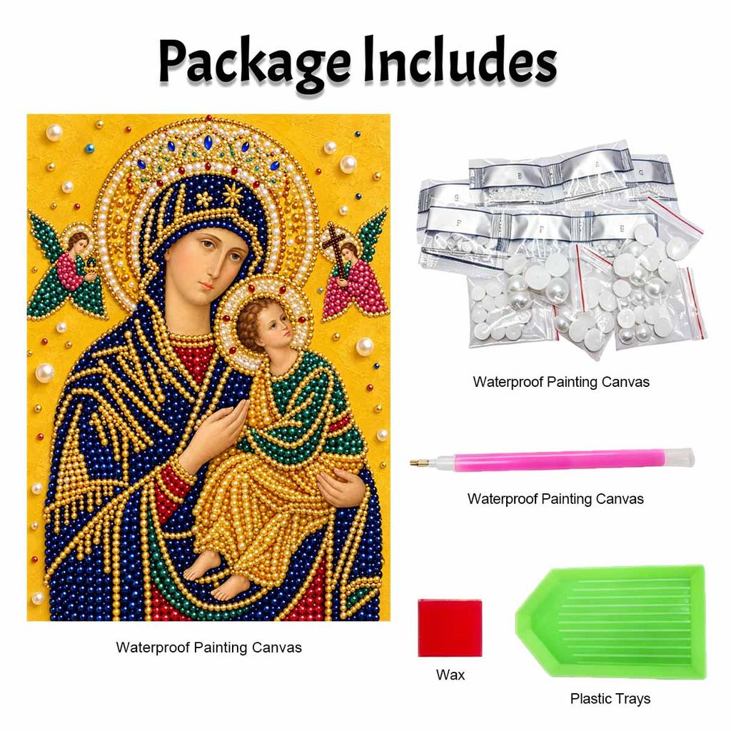 DIY Framed Pearl Bead Art Kit Religious Madonna and Child Pattern Sparkling Canvas Painting for Modern Room Wall Decor Gift