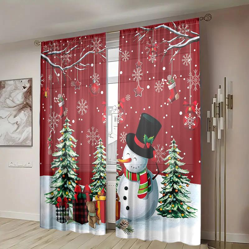 2 pieces, Christmas tree snowman snowflake curtains -30% blackout - suitable for living room, bedroom, kitchen, home decoration