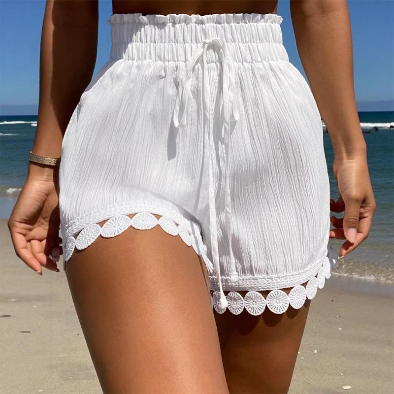 Women Elastic Waist Drawstring Shorts With Lace Hem S белый