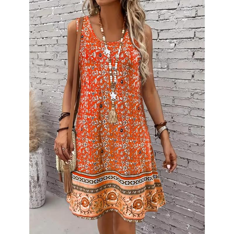 Women's Geometric Floral Print Sleeveless Dress - Suitable for All Seasons, Suitable for Summer Beach Wear