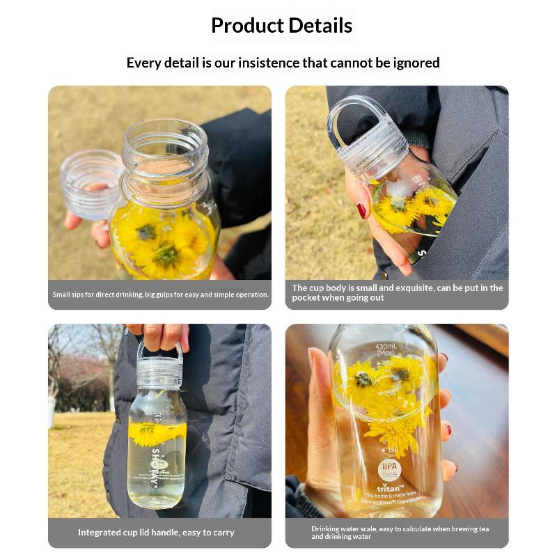 Transparent Leakproof Water Bottle 430Ml/670Ml Plastic Drink Bottle With Handle Wide Mouth Portable Drinking Bottle With Scale