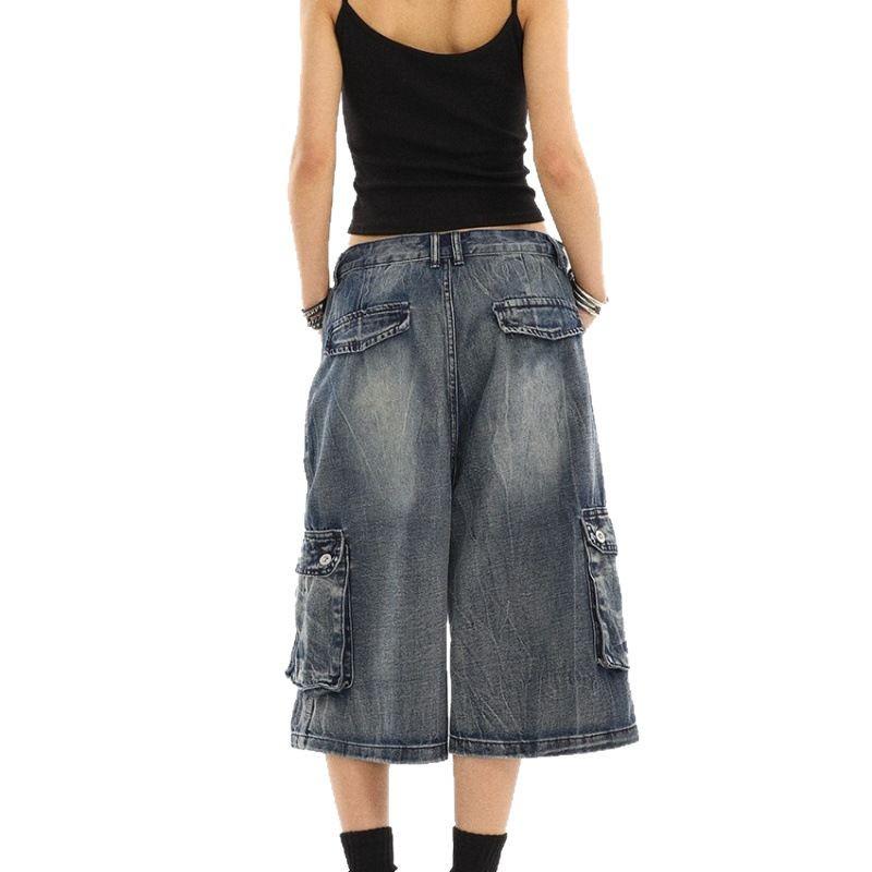 American Retro Women's Denim Capri Pants - Distressed, Multi-Pocket, Loose Straight Leg Design