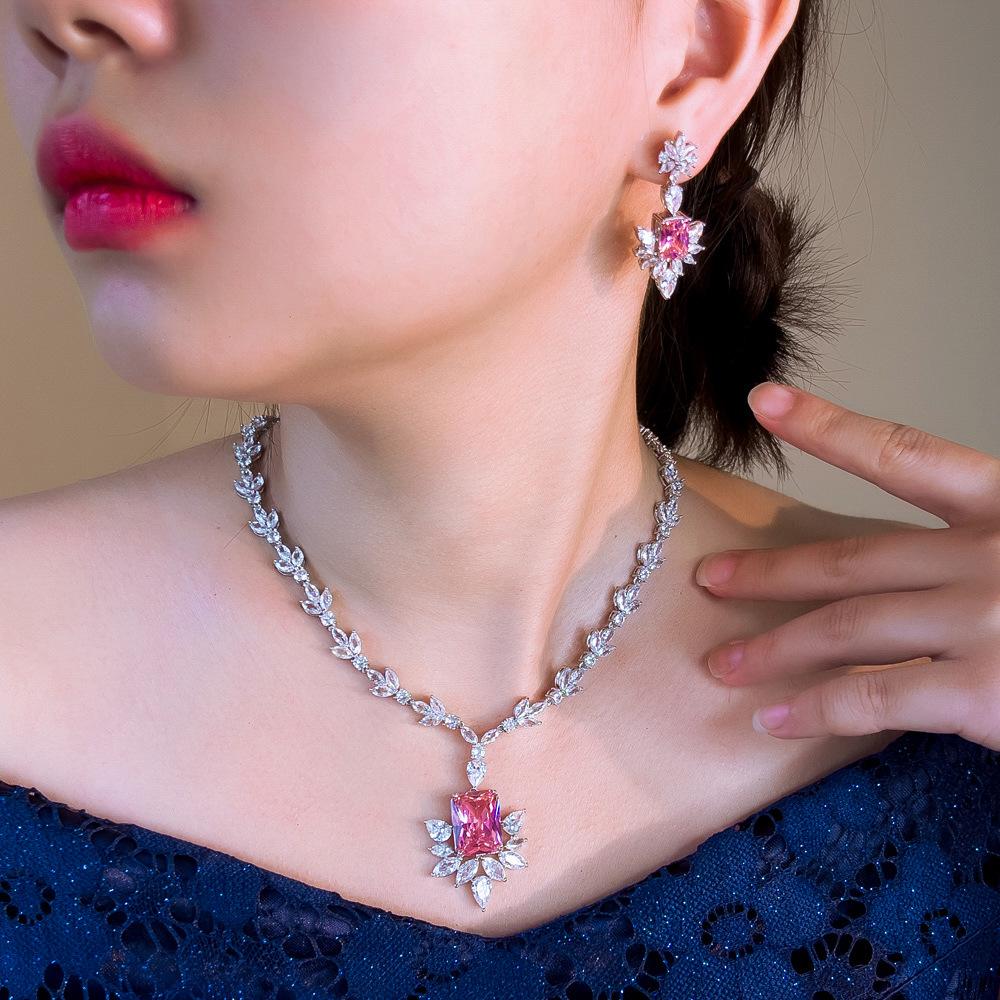 Bright Diamond Princess Pink Zircon Necklace Earrings Set Women'S Dinner Bride Wedding Jewelry Two-Piece Set