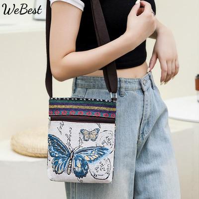 Lady Crossbody Shoulder Bag Phone Purse Handbag Pouch Ethnic Style Embroidered Messenger Bag Retro Small Canvas Bag