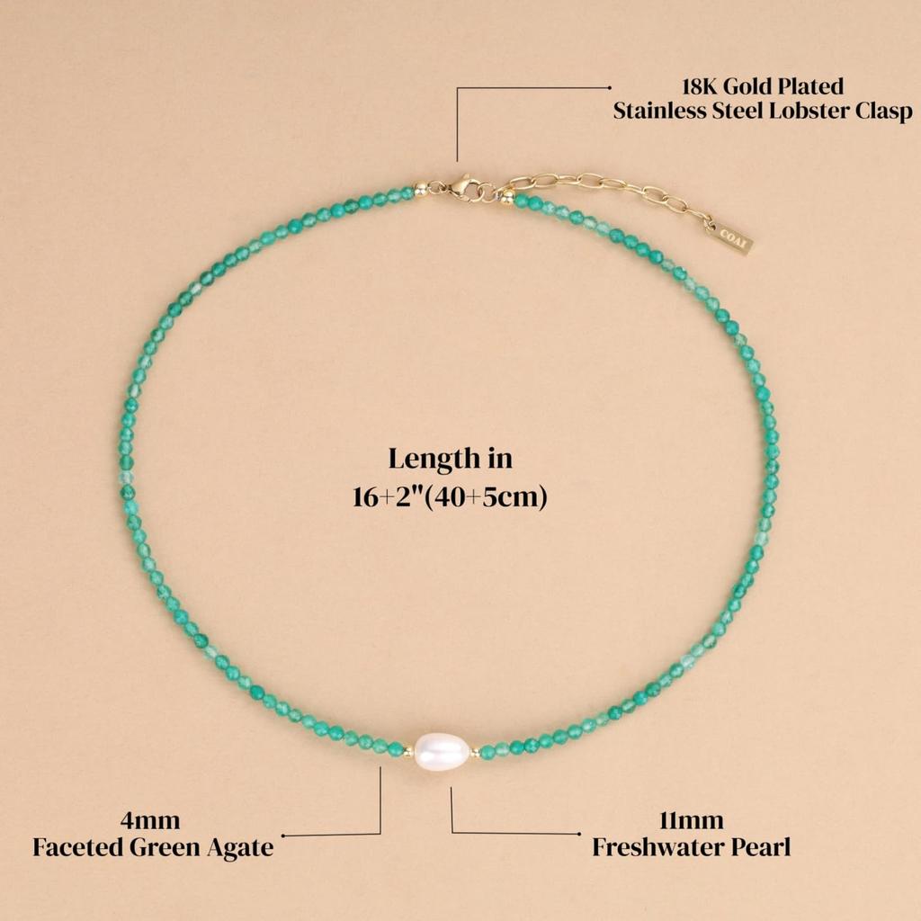 [Koai] 3mm Cut Green Agate Freshwater Pearl Power Stone Necklace for Women