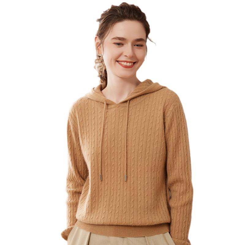 Women's Cable Knit Cashmere Hoodie: Loose, Soft, Warm, Long-Sleeve Pullover for Autumn and Winter