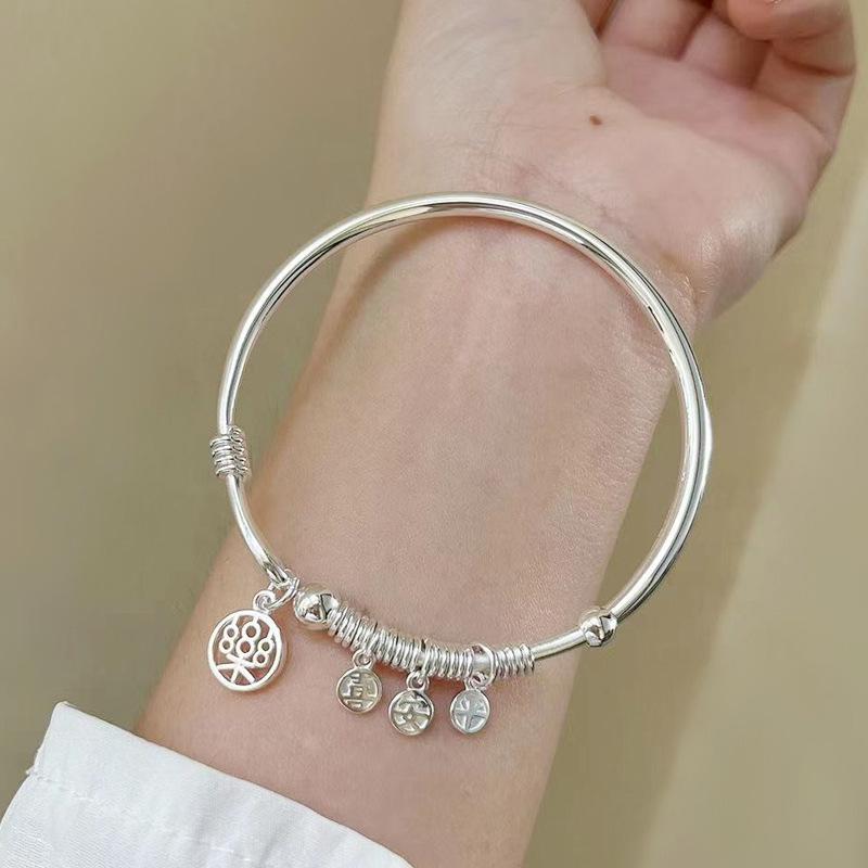 Auspicious Sterling Silver Open Bangle for Women – Ancient, Polished Design, Perfect Gift for Girlfriend 999 Sterling Silver