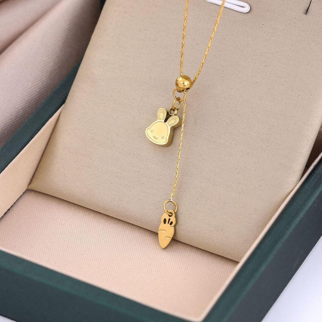 Titanium Steel Rabbit & Carrot Pull-Out Necklace for Women - Minimalist & Elegant Design