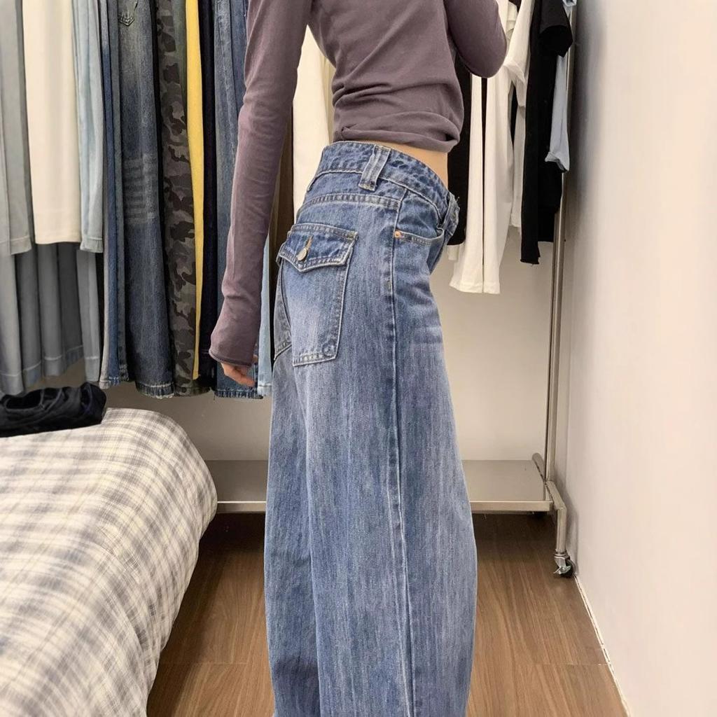 Rear Pockets Designed Big Size Denim Jeans Women Mid Waisted Covering Flesh Blue Loose Drag Floor Straight Wide-leg Trousers Long Denim Pants