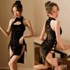 Plus Size Chubby MM Chinese Print Sexy Cheongsam Lace-up Dress Set