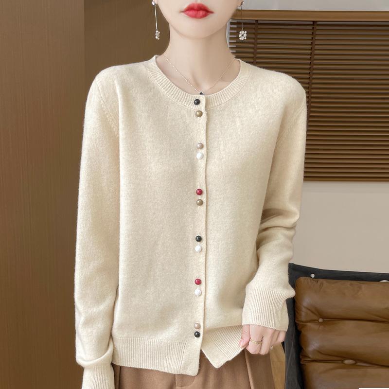 Women's Korean Style Long Sleeve Knit Cardigan - Round Neck, Fashionable Button-Up Sweater with Stylish Design and Vibrant Colors.