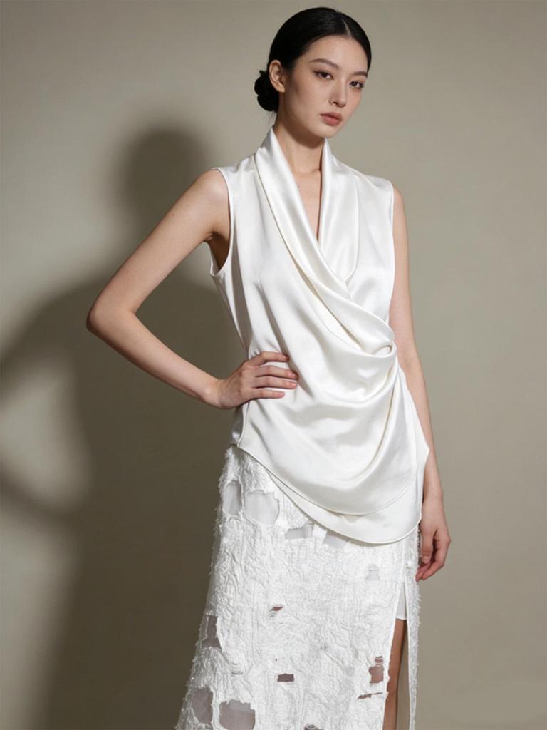 Abito in Acetato Haute Couture Scollo a V Senza Maniche per Resort, Matrimoni e Feste Serale
