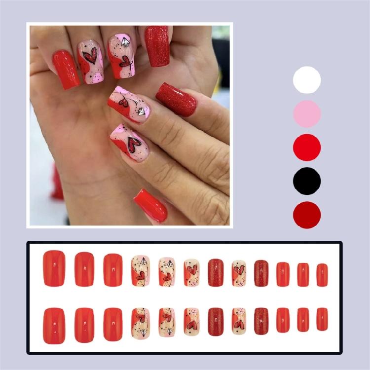 24pcs Valentine's Day Press On Nail Medium Square Shape Acrylic False Nail With Heart Designs Stick on Nail For Women