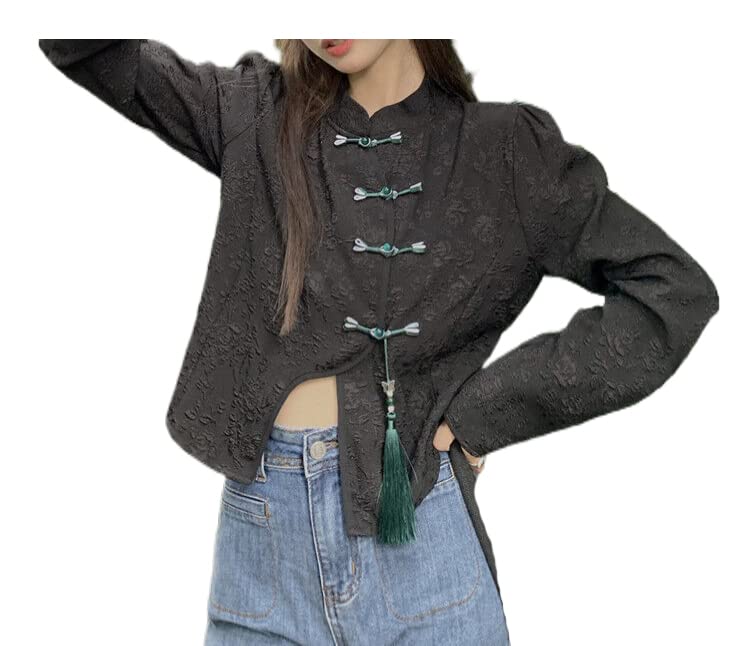 L-Stoppastow Chinese-Style Blouse, Spring/Summer, Women's, Long Sleeve, Chinese Button Shirt Blouse, Cheongsam Shirt, Short Top, Cute, Black